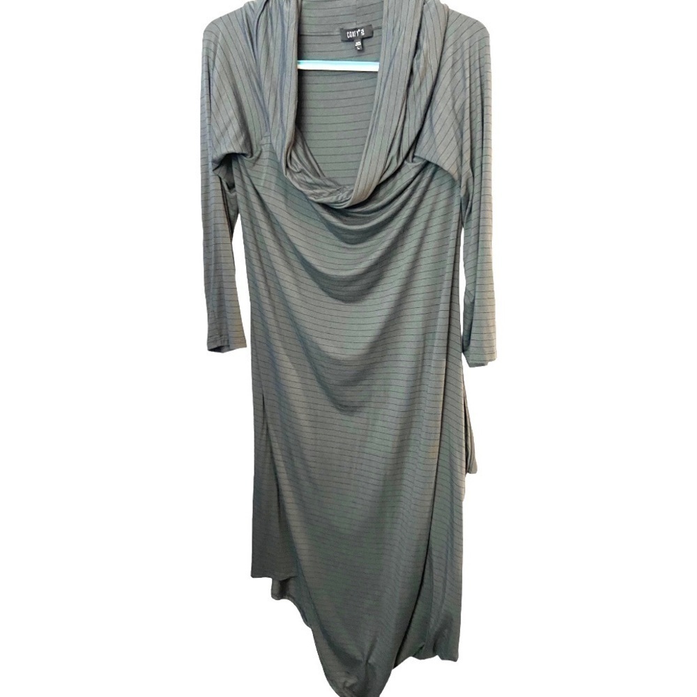 Comfy USA Gray Striped Cowl Neck Draped Asymmetrical Midi Comfy Dress Tunic LARG